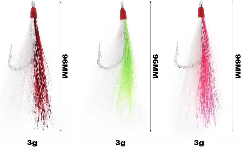 Briny River 12pcs Bucktail Teasers Fishing Hooks Saltwater Flounder Rig Stainless Steel Fishing Hooks 96mm 3g Bucktail Mylar Teasers Inserted for Catfish Cod Flounder - Image 4